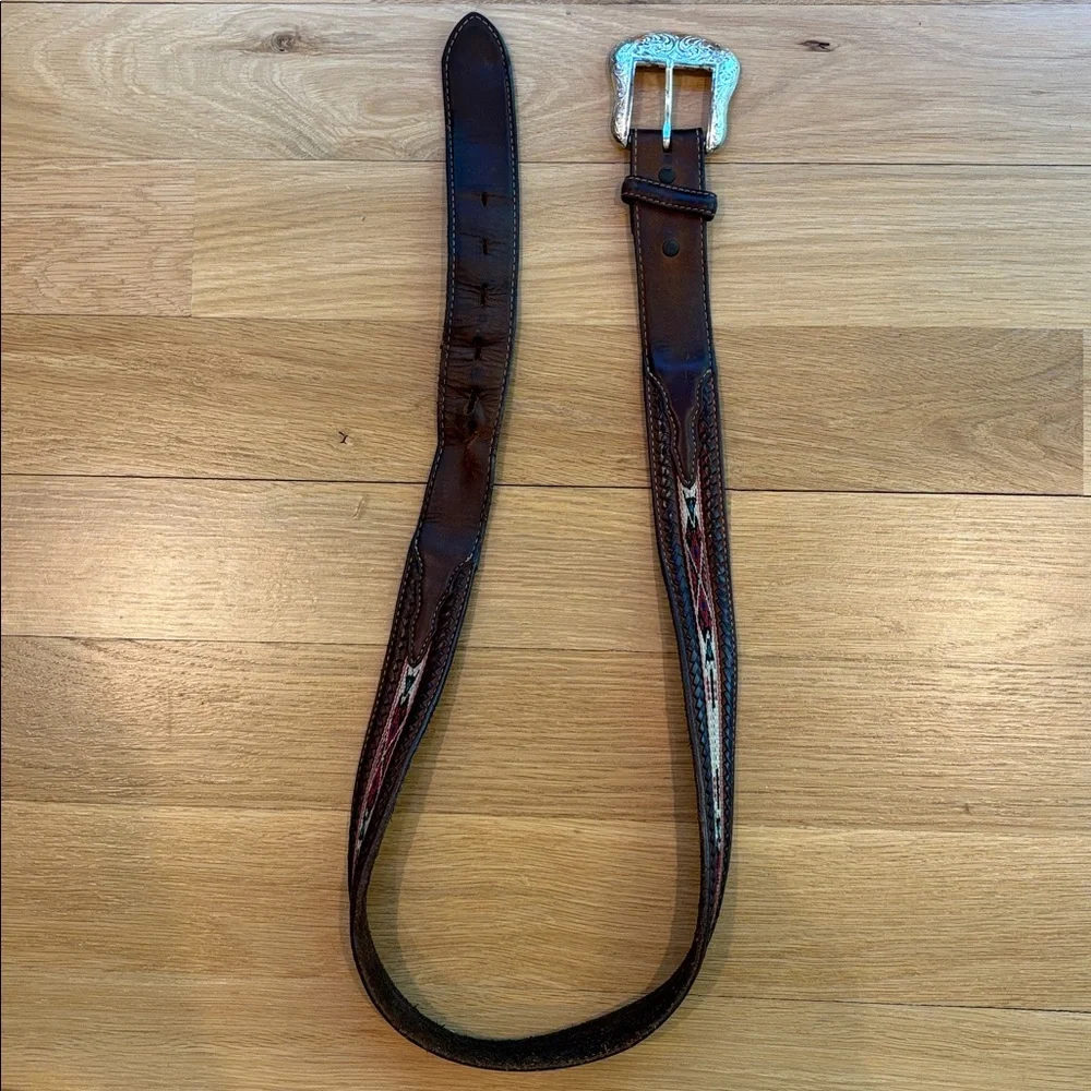 Tony Lama Brown Leather Belt with Silver Buckle and Turquoise Stitching